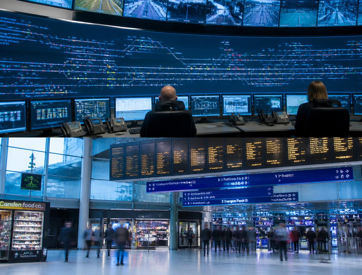 Digital railway signalling control room and modern British station concourse