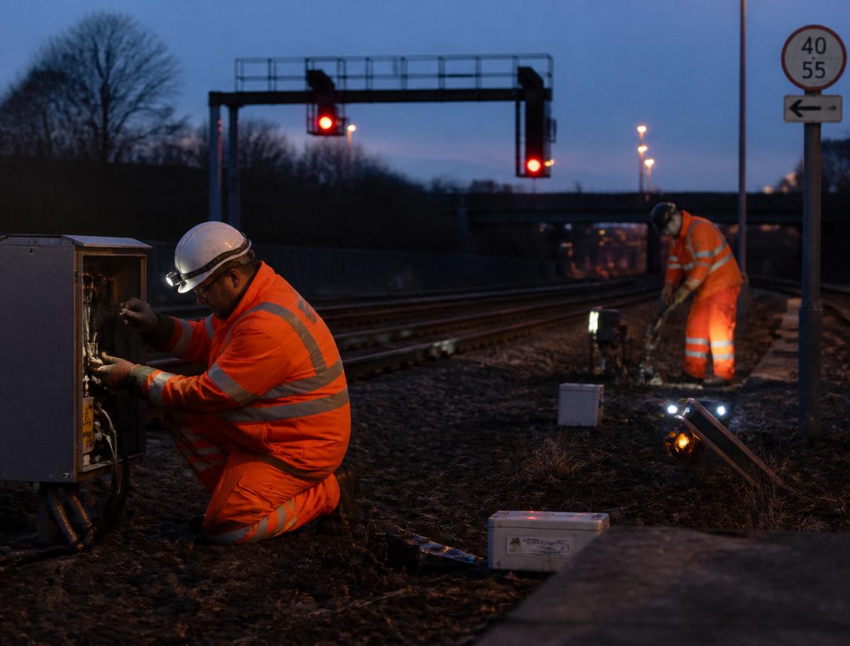 Rail engineers in hi-vis working on trackside signalling equipment at dusk